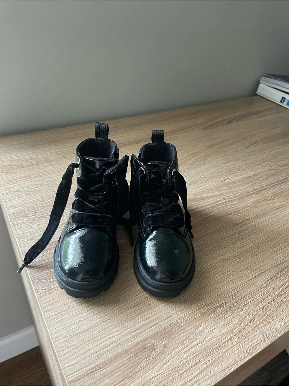 Black Patent Leather Lace-up Booties